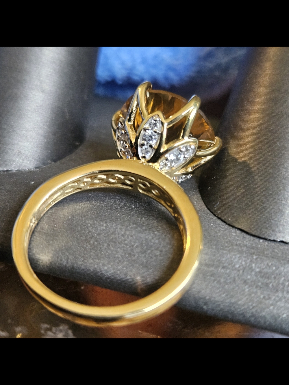 Millennium Cut Brazilian Citrine White Zircon Ring Vermeil Yellow Gold Over Ster